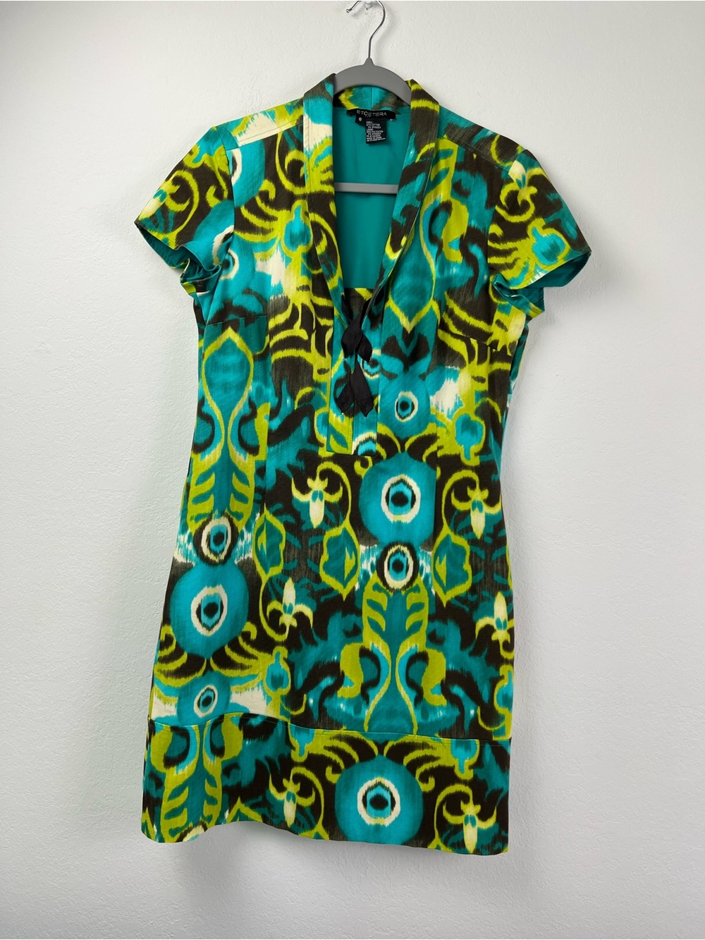 Etcetera Boho Print Front Lace Up Short Sleeve Sheath Dress